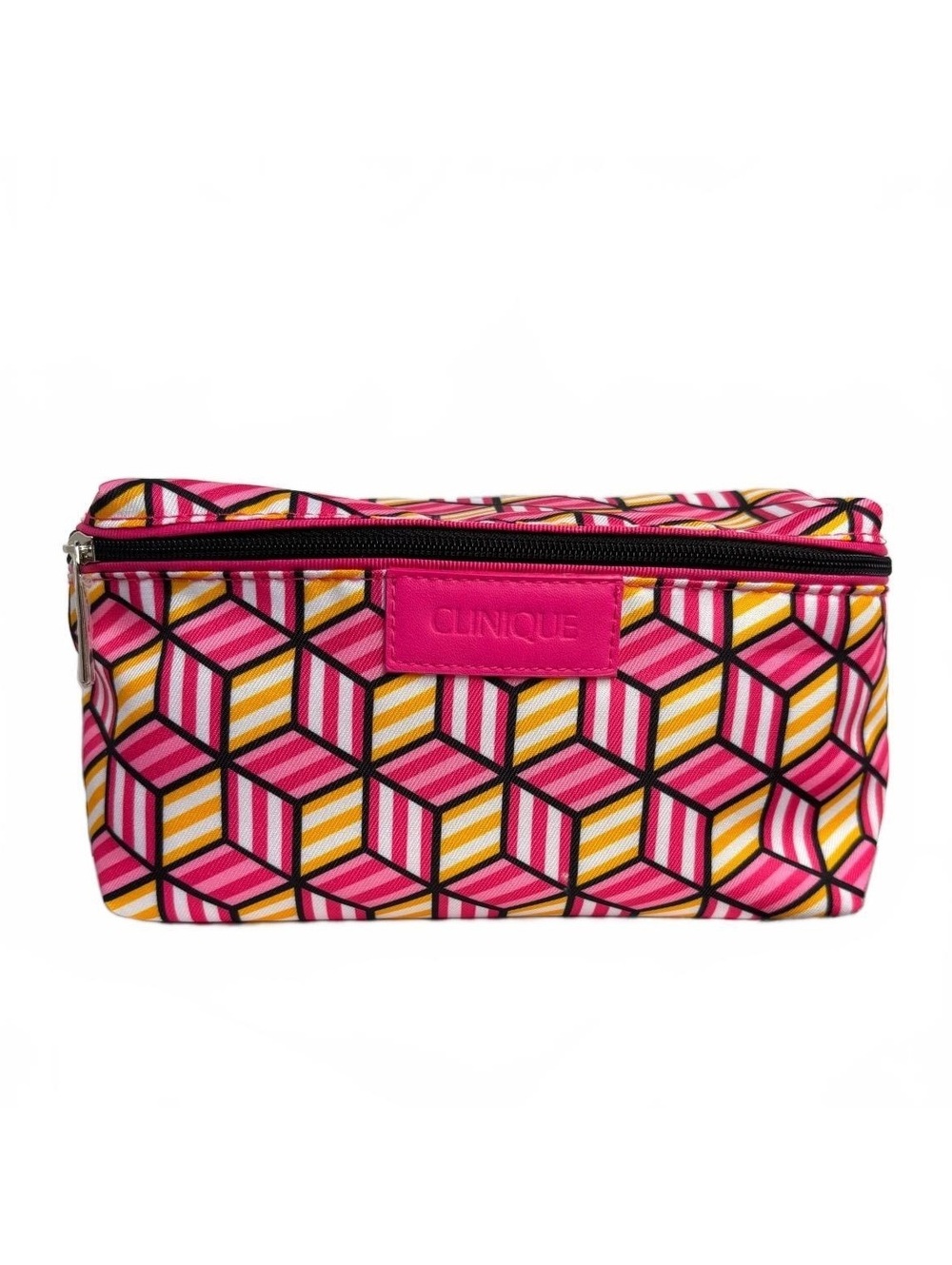 Clinique Pink & Orange Geometric Striped Cube Print 10” Cosmetic Makeup Bag NEW